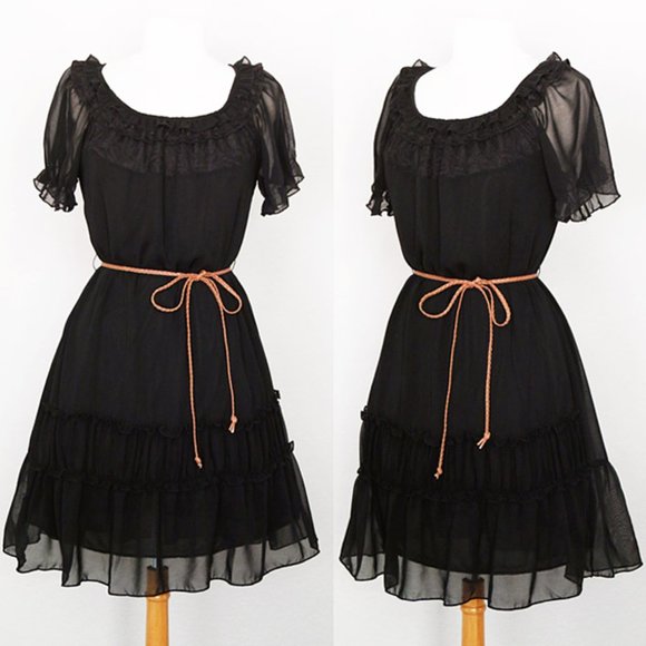 Ferrinelli Dresses & Skirts - Black Sheer Chiffon Frill Ruffle Shift Dress +BELT